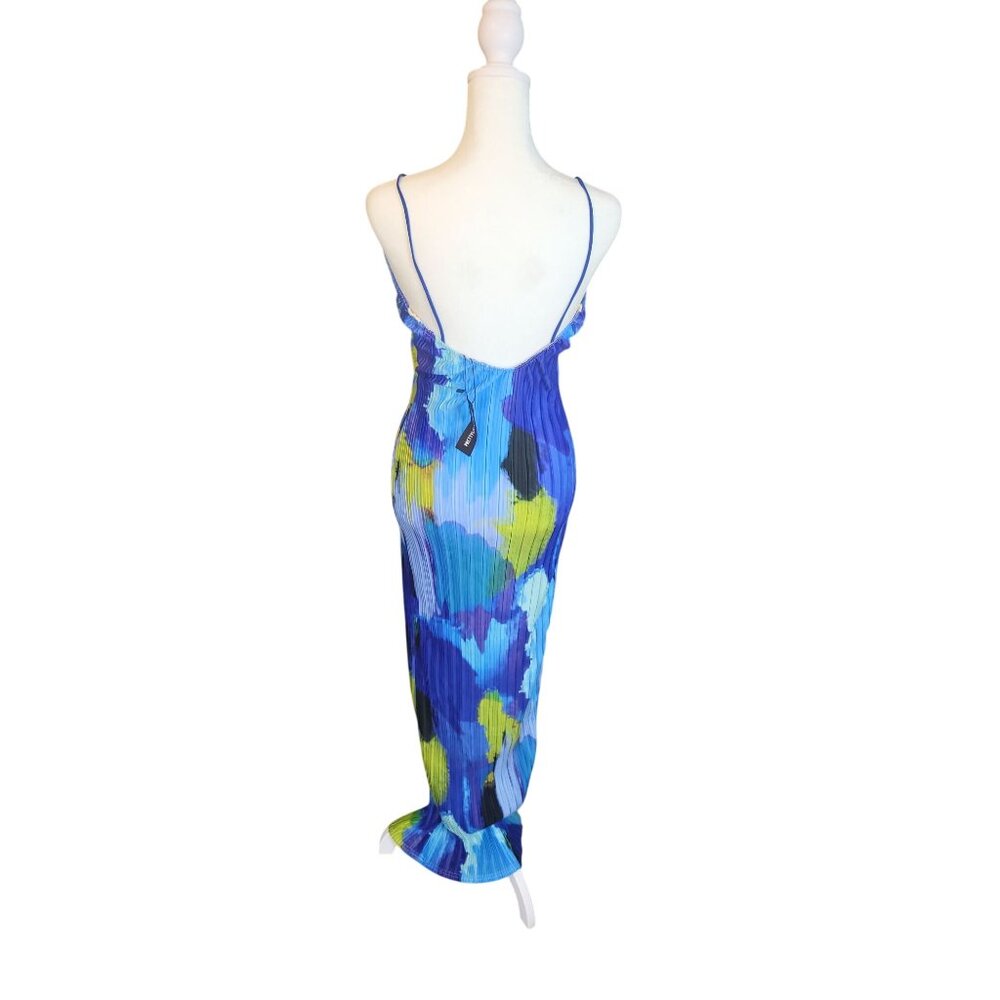 PrettyLittleThing Blue Print Pleated Low Back Strappy Maxi Dress Size 12 - Picture 3 of 6